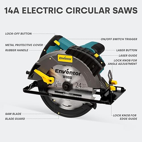 Miniatura 2 de Enventor Sierra circular con cable, sierras circulares eléctricas 14A de 7-1/4 pulgadas con guía láser, 2 hojas (40T/24T), profundidad máxima
