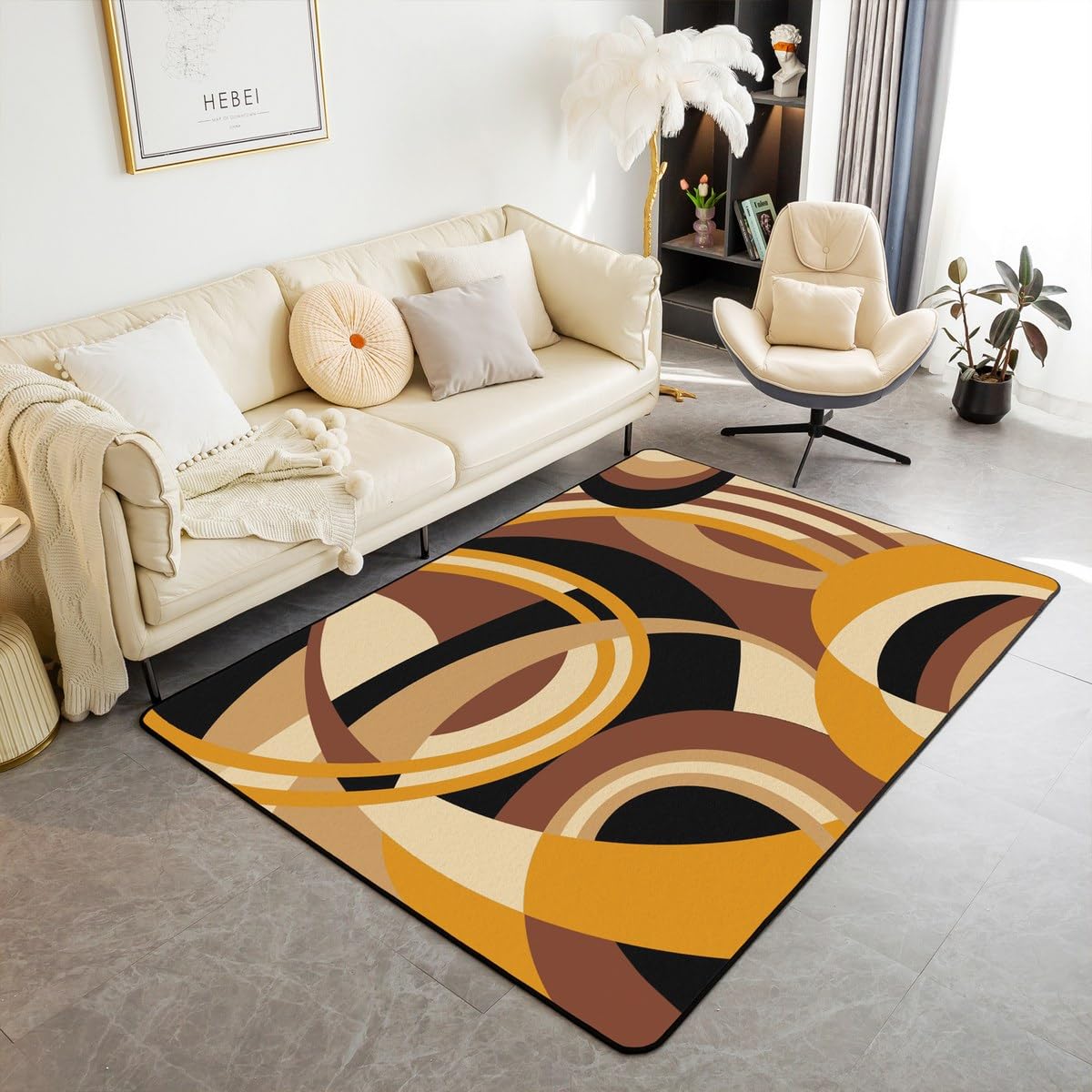 Feelyou Yellow Brown Black Decorative Carpet Area Rug 5x7 Stripes Living Room Rugs for Kids Boys Girls Decor Abstract Geometric Accent Rug Microfiber