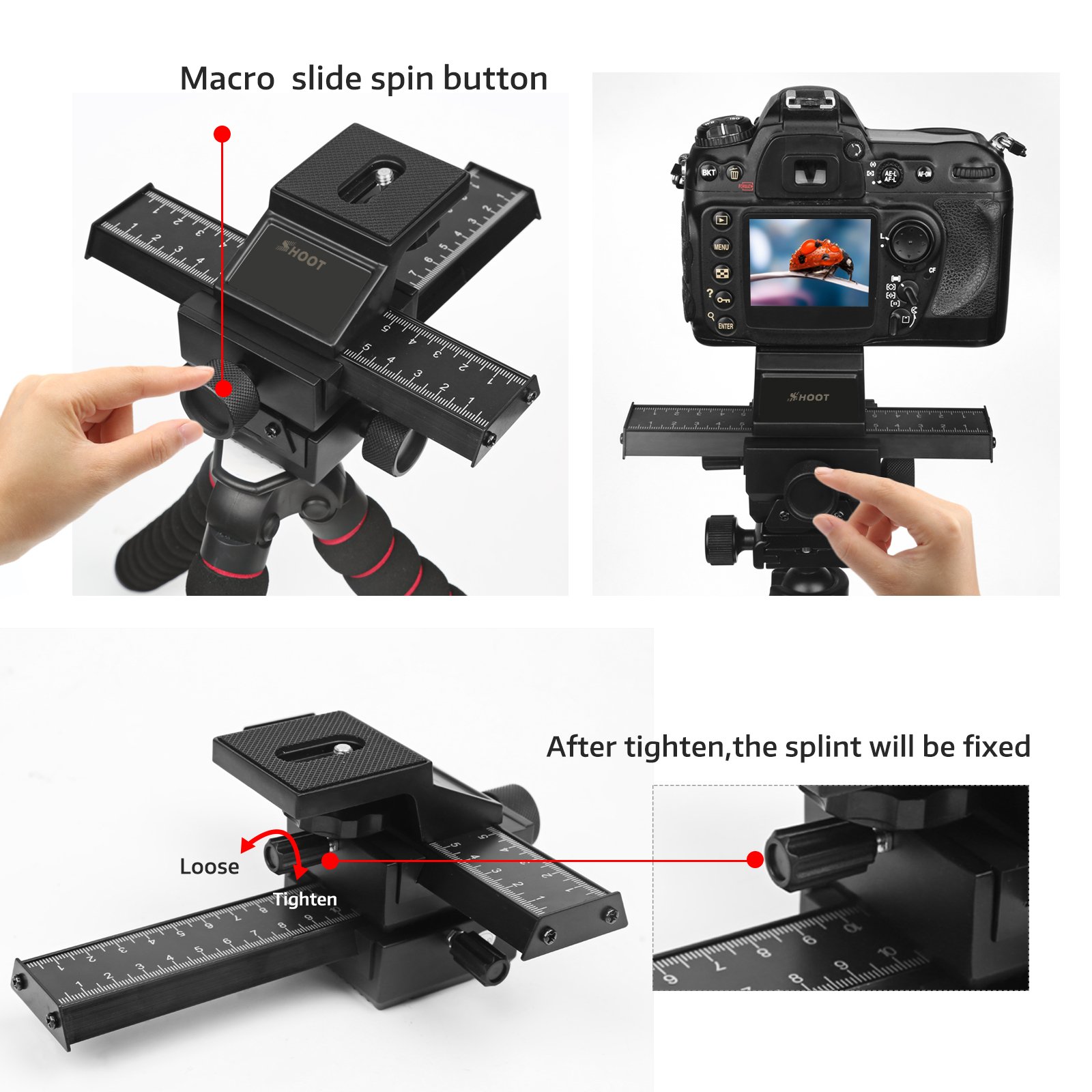 D&F Regulador de 4 vías Rail Macro Focus estándar con 1/4 "Screw para Canon Nikon Sony DSLR Cámara digital y DC Close-up Shooting