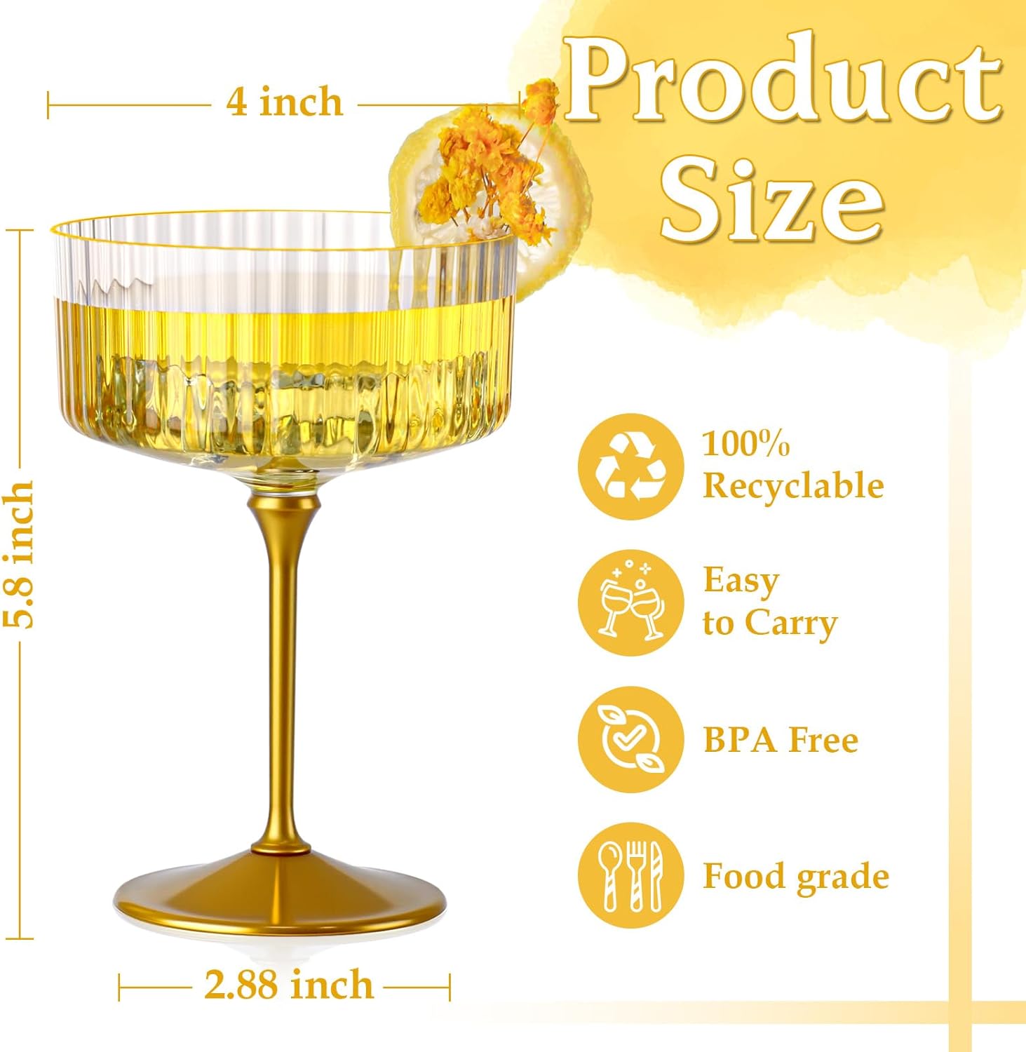 12 PCS Ribbed Coupe Glasses with Gold Stem Clear Plastic Champagne Coupe Cup 10oz Detachable Gold Rim Espresso Martini Glass Vintage Margarita Glassware Cocktail Glass for Christmas - Image 2