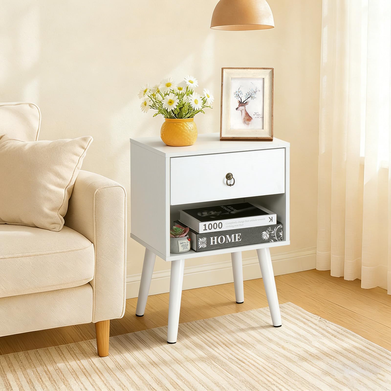 LEADZM Table de Chevet, Tables Basses avec 1 tiroir 1 étagère Ouverte Table d'appoint, Meuble de Nuit, Commode de Nuit, 38 x 30 x 55 cm (1, Blanc)