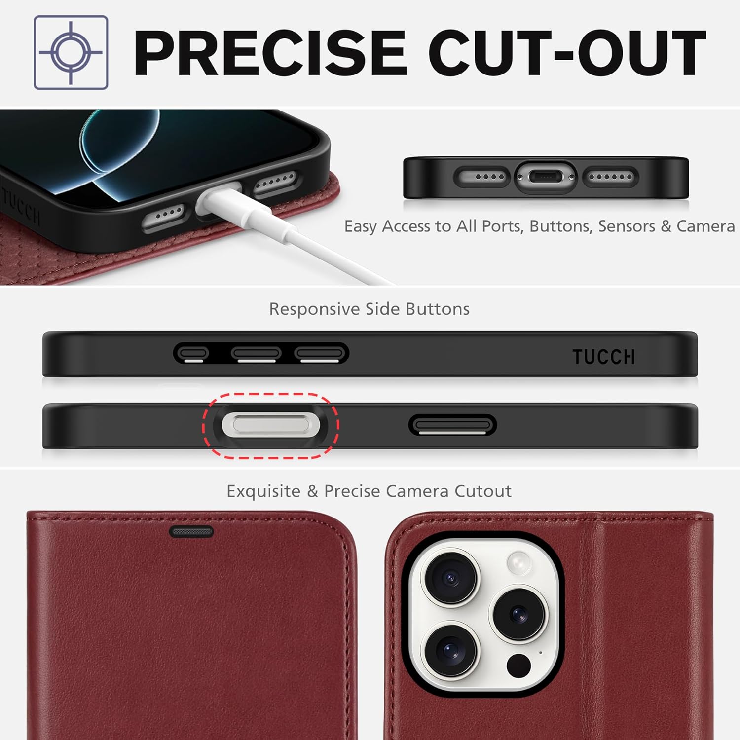 TUCCH Case Wallet for iPhone 16 Pro Max, RFID Blocking PU Leather Kickstand Flip Cover with 4 Card Slots [TPU Protective Interior Case], Magnetic Folio Compatible with iPhone 16 Pro Max, Dark Red