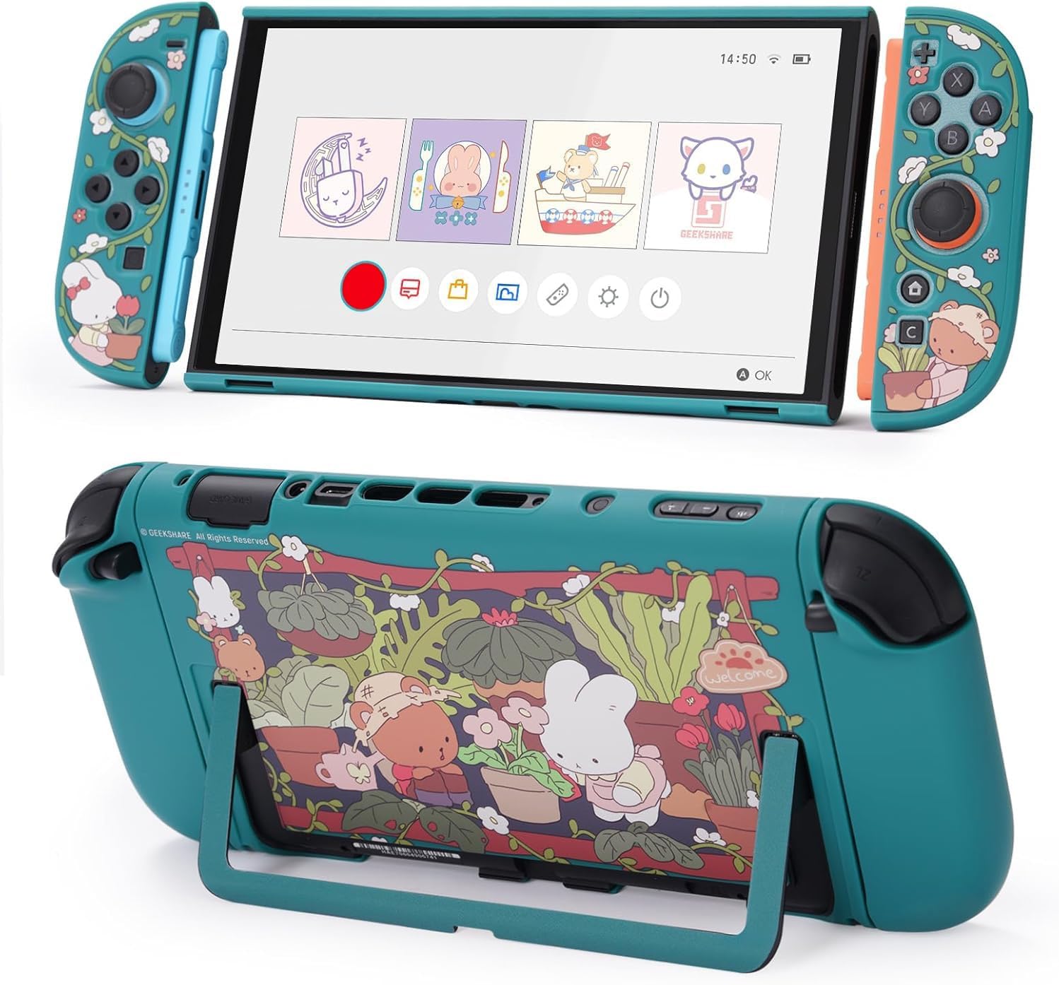 GeekShare Protective Shell Compatible with Switch 2, Kawaii Cartoon Dockable Case for Switch 2, Anti-Scratch and Shock-Absorption Design Cover Skin - Bunny Garden