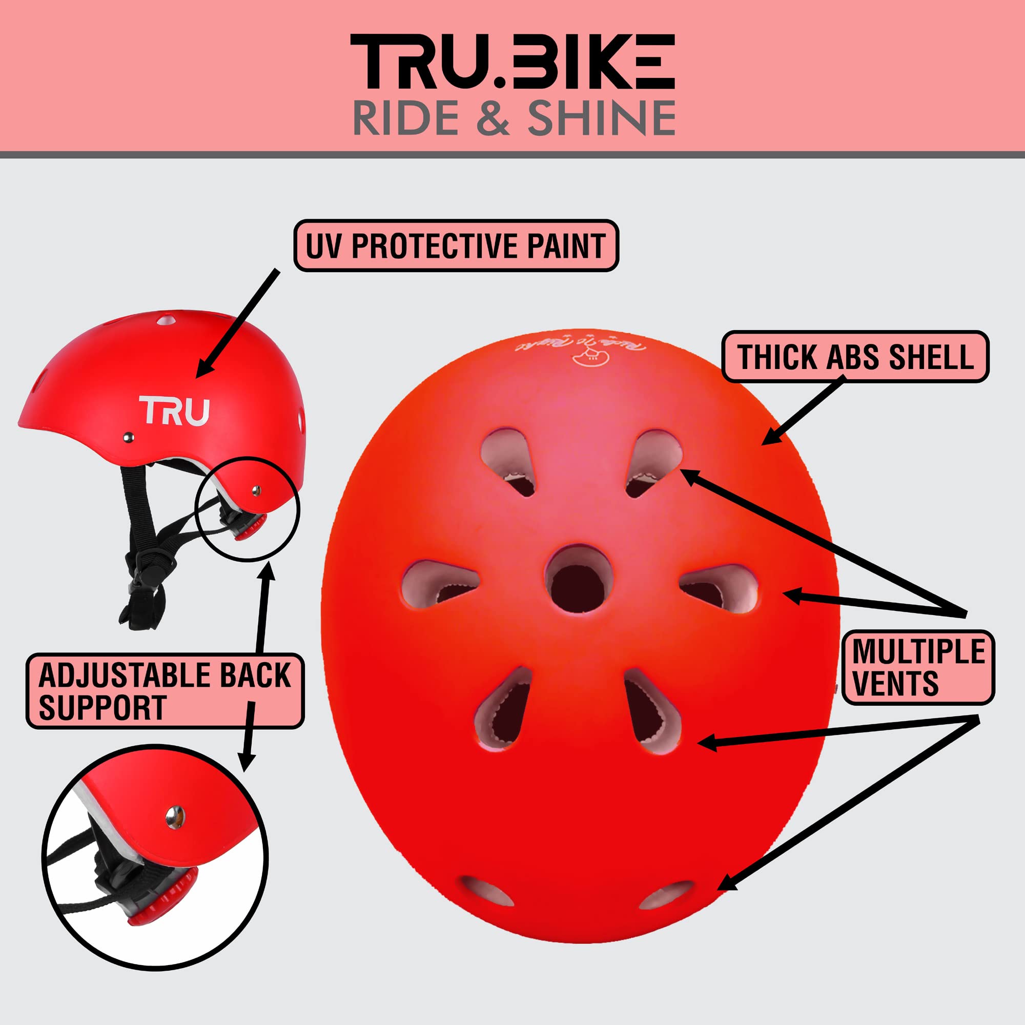 TRU Cycling Helmet for Kids, ABS Outer Shell, EPS Inner case, Strong Buckle, Multi air Vents, Comfortable, Washable, Lightweight, Motorsports, Skating and Hiking (4-8 Years, Red)