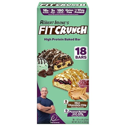FITCRUNCH Barras de proteínas, paquete variado de tamaño de aperitivo, sin gluten (18 barras, chispas de chocolate con menta y gelatina de