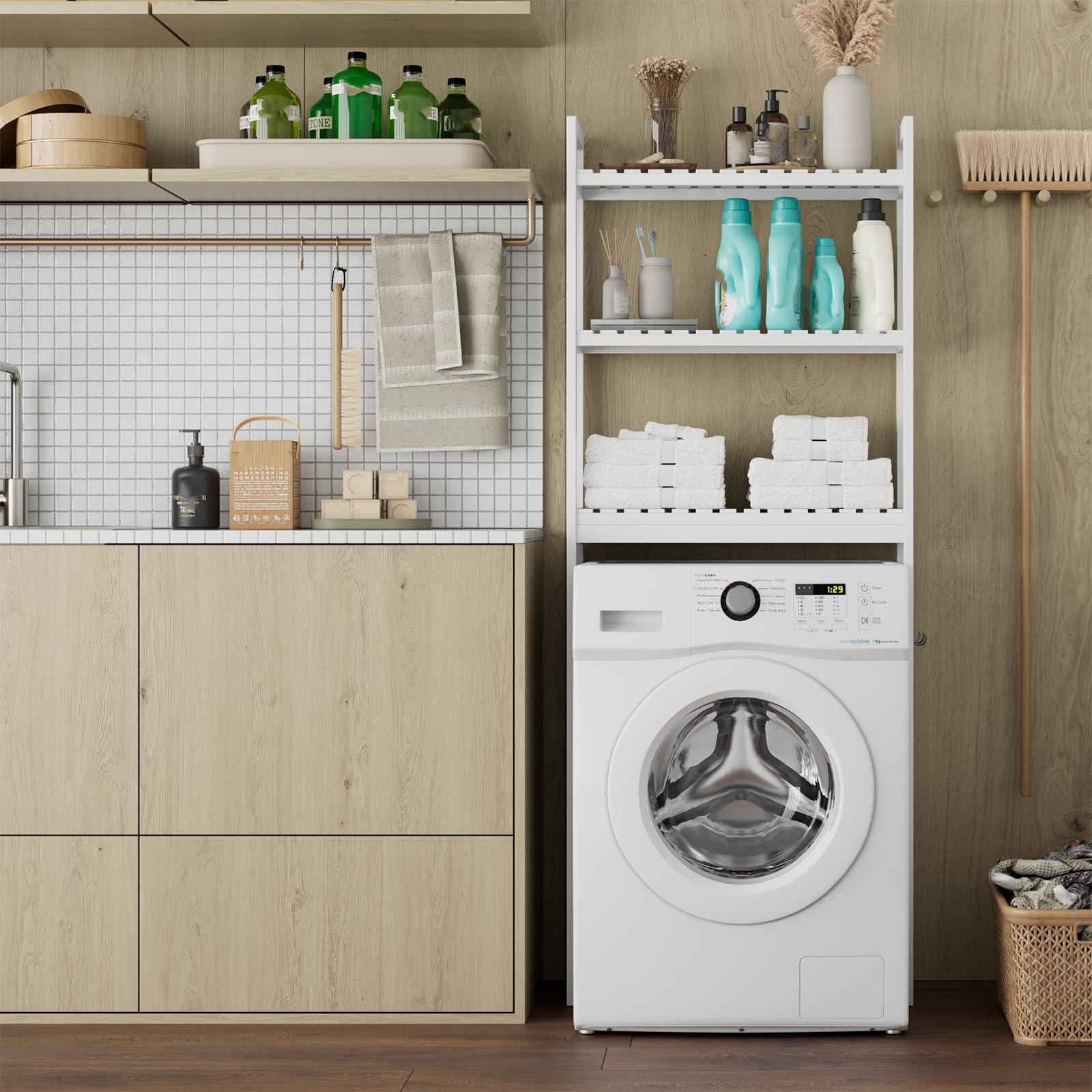 FOREHILL Meuble WC, Étagère de Salle de Bain, Étagère Toilette, en Bambou | Meuble machine à laver | Rangement à 3 niveaux | 63x26x163cm | Gain de place | Pour petits espaces | Montage facile