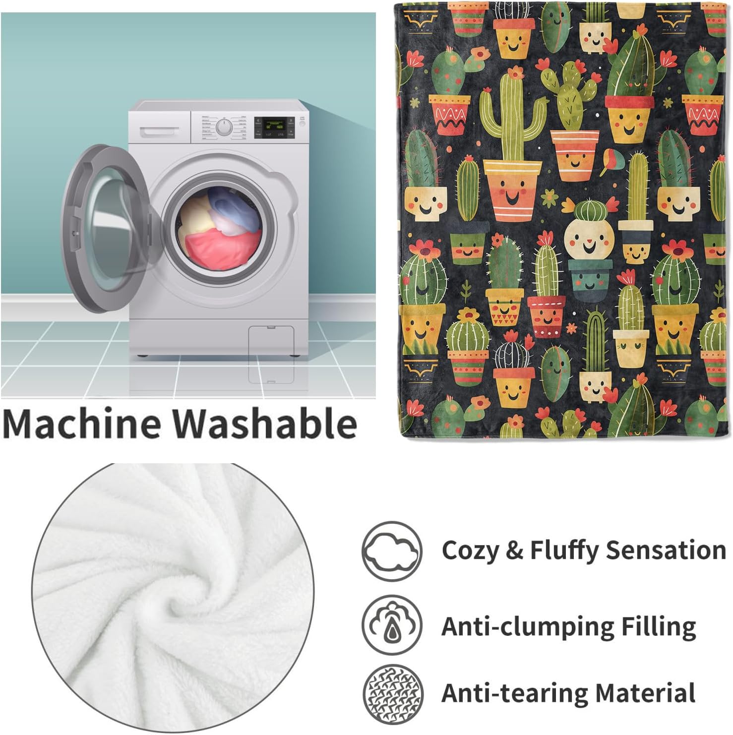 Cute Cactus Fleece Blanket Gifts for Kids and Adults, Adorable Plant Cozy Throw Blankets, Soft Warm Plush Cactus Blanket for Home Decor, 50x60 inches - Image 4