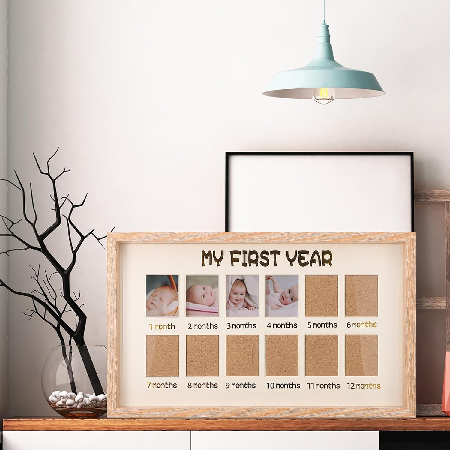ERINGOGO 1st Year Growth Picture Frame for Boys, Milestone Photo Holder with 12-month Commemorative Design, Natural Wood Keepsake for Infant’s First Birthday Display