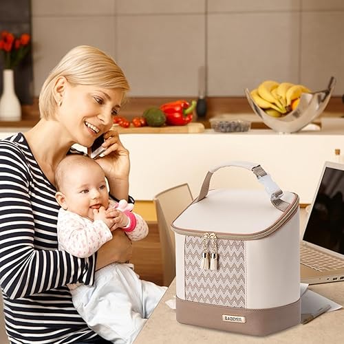 Miniatura 7 de BABEYER Bolsa enfriadora de leche materna con bolsa de hielo para 3 biberones de hasta 9 onzas, bolsa de cuero vegano para bomba de leche materna,