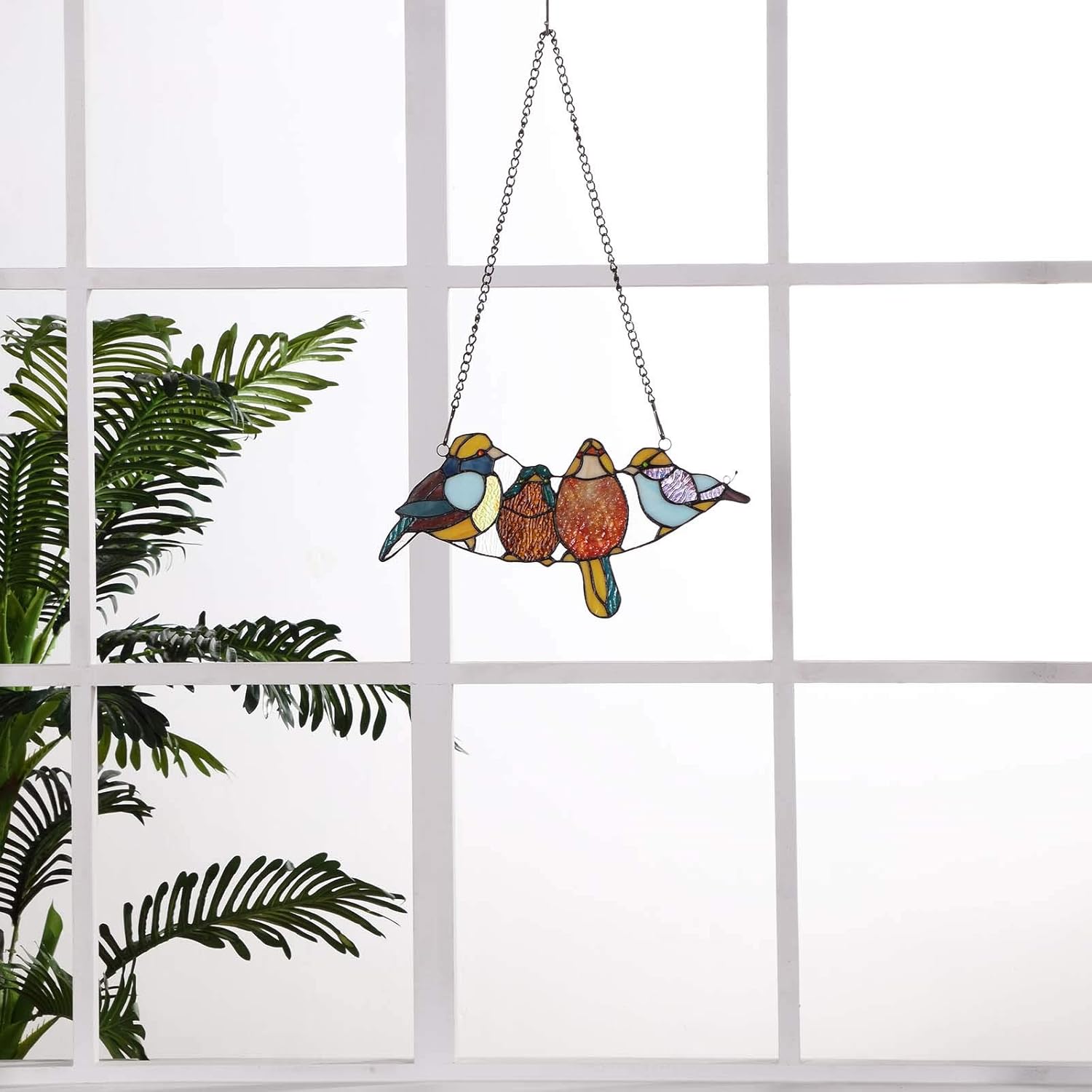 Bieye W10018 Tropical Birds Tiffany Style Stained Glass Window Panel with Chain, 15" W x 7" H