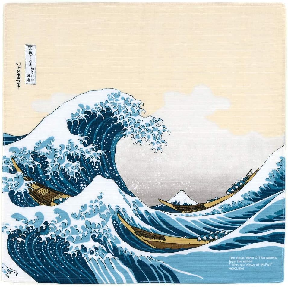Furoshiki traditional Japanese fabric - Bento lunch wrapping cloth Bandana - Medium 18.9 x 18.9 inches, Hand towel: with Ukiyo-e art Motif [HOKUSAI the great wave]
