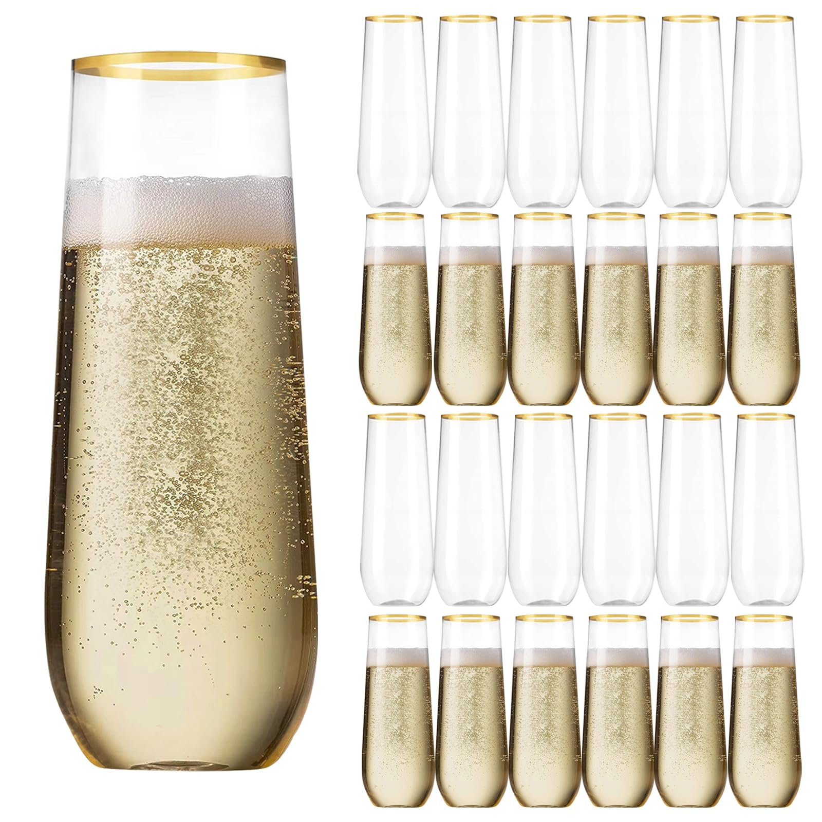 Sythrix Plastic Champagne Flutes 25 Packs Champagne Flutes Plastic with Gold Rimmed, 270ml/9.13oz Stemless Wine Glasses Champagne Glasses for New Year Party Wedding Halloween Christmas Birthday Party