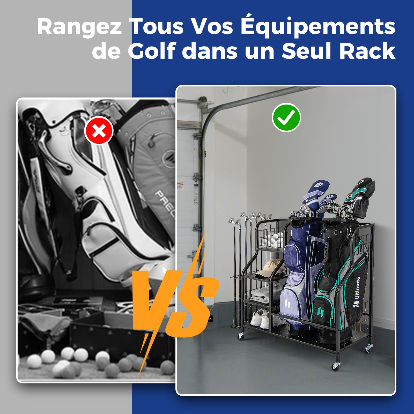 COSTWAY Organisateur d'Équipement Sportif avec Roues Amovibles, Support de Rangement pour 2 Sacs de Golf avec Support pour Clubs de Golf 6 Crochets, pour Garage Club sous-Sol