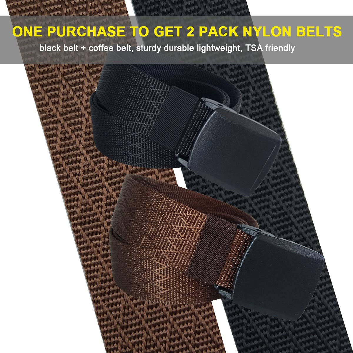 HOANAN Mens Nylon Belt Tactical 2 Pack 28-72 Waist Casual Work No Metal Web Belt (Pant size up to 36