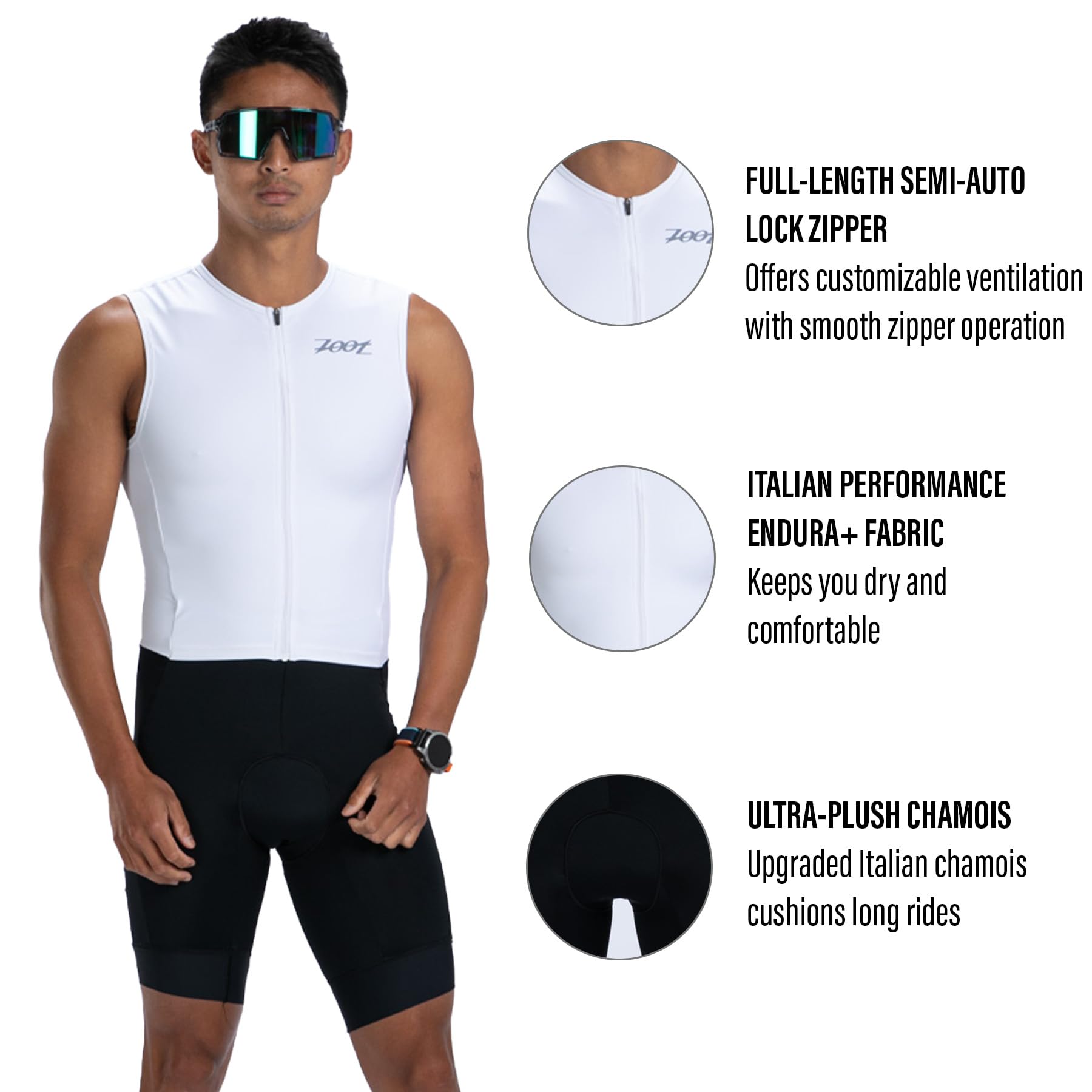 Zoot Herren Core Sleeveless Tri Aero SLVS FZ Racesuit, schnelltrocknender, ärmelloser Triathlon-Anzug mit Chamois & Race Storage