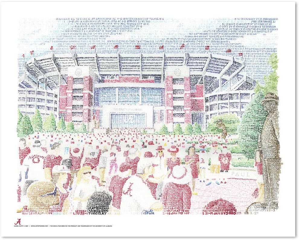 Bryant Denny Stadium Word Art - 16x20 Unframed - Handwritten with Every Win in History – Crimson Tide Poster – Alabama Gifts & Decor