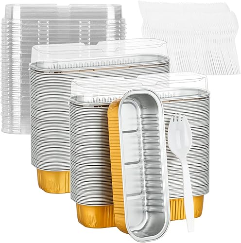 Mini moldes de aluminio para pan, sartenes de aluminio de 6.8 onzas con tapa, recipientes rectangulares desechables para hornear magdalenas, mini