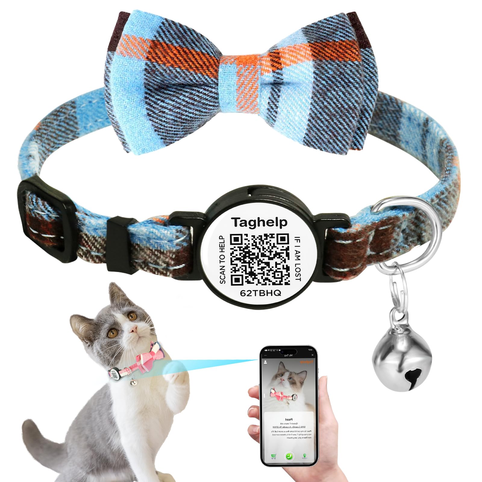 Cat Collar with Bells, Breakaway Cat Collars with Bow Tie, Girl Boy Safety Plaid Kitten Collars with QR ID Tag for Girl Boy for Cats,Modifiable Pet