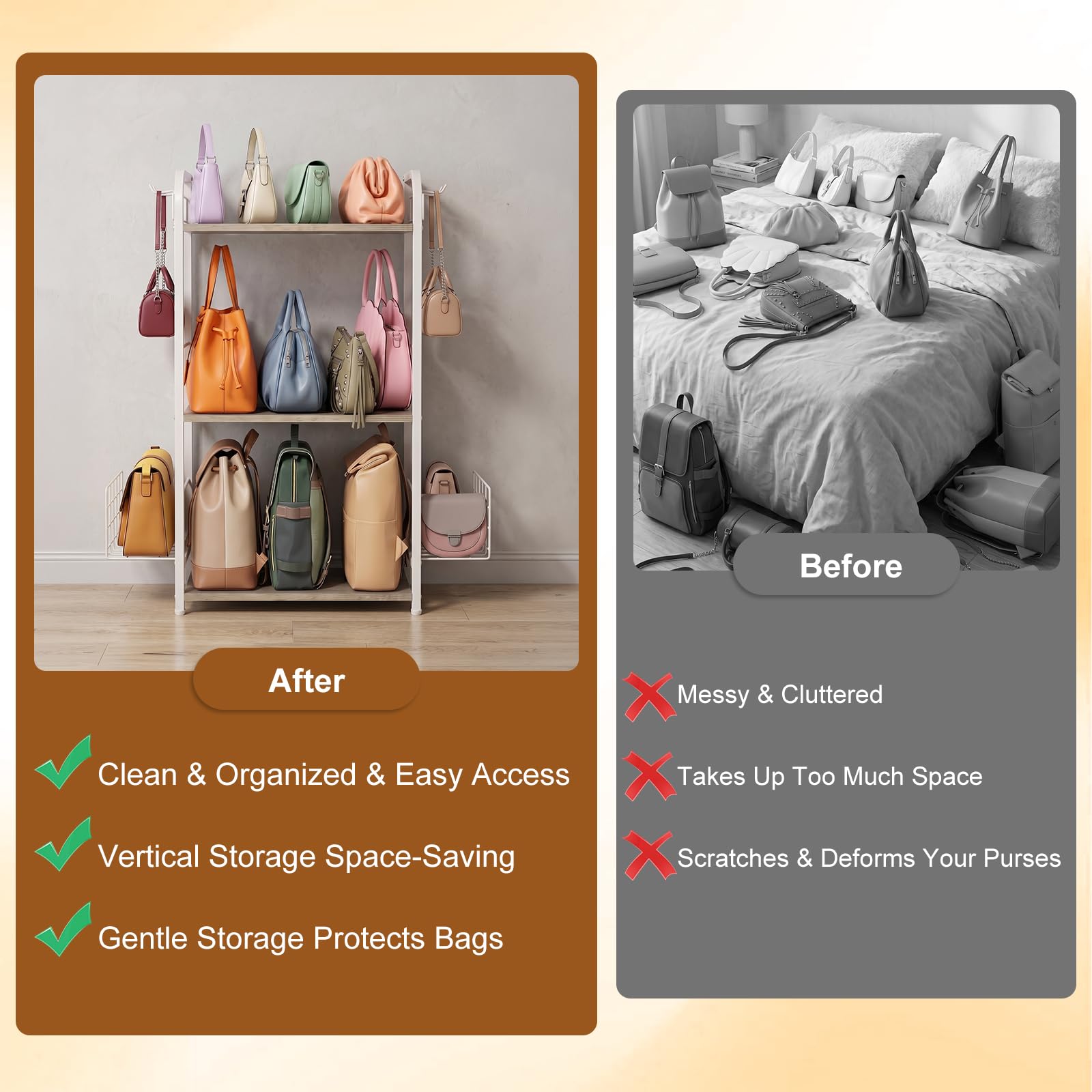 Organizzatore Borse a 3 Ripiani, Organizer per Armadio per Borse Firmate e Pochette con Paratie Laterali e Ganci, Organizzatore Multifunzionale per Armadio e Camera da Letto (Bianco)