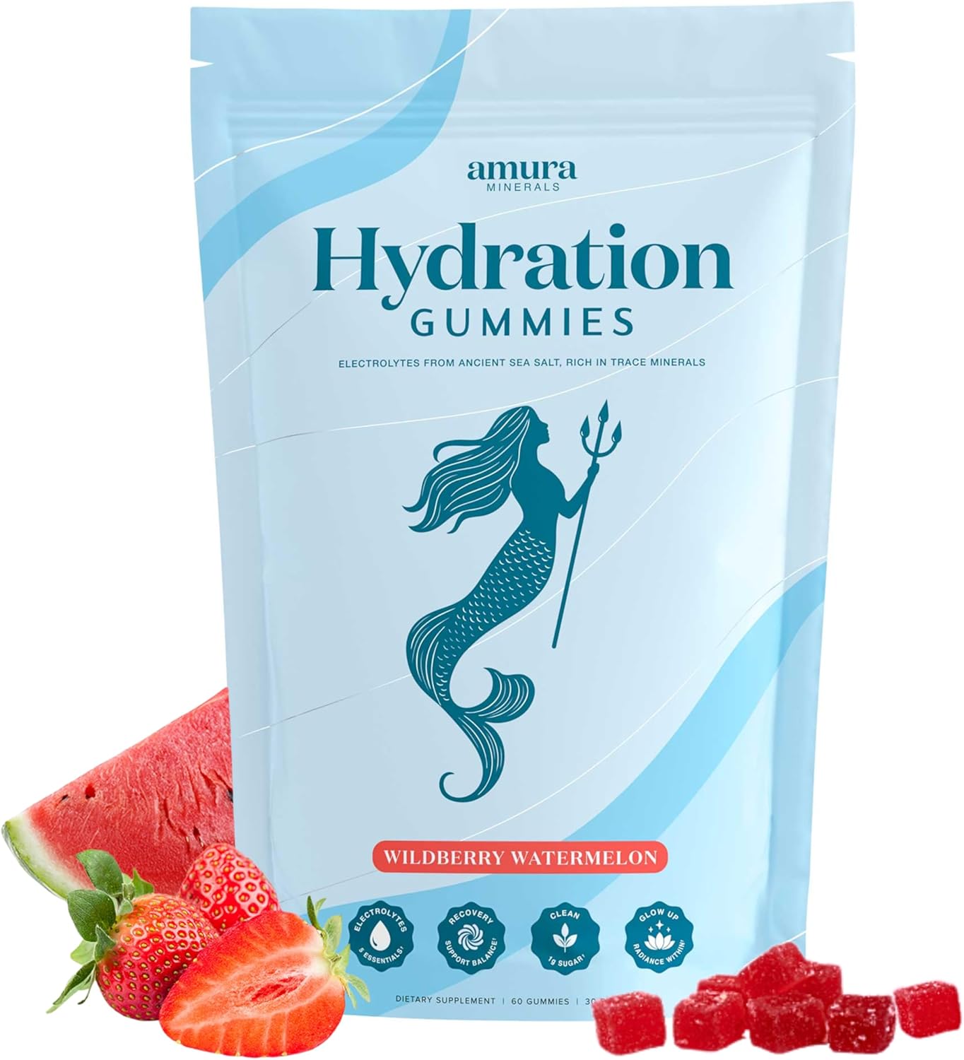 Electrolyte Gummies for Hydration | Clean Convenient Hydration Gummies, Natural Flavors, Berry Watermelon Electrolyte Chews, On-The-Go Trace Minerals, Magnesium Glycinate | Vegan, Low Sugar, 60 Count