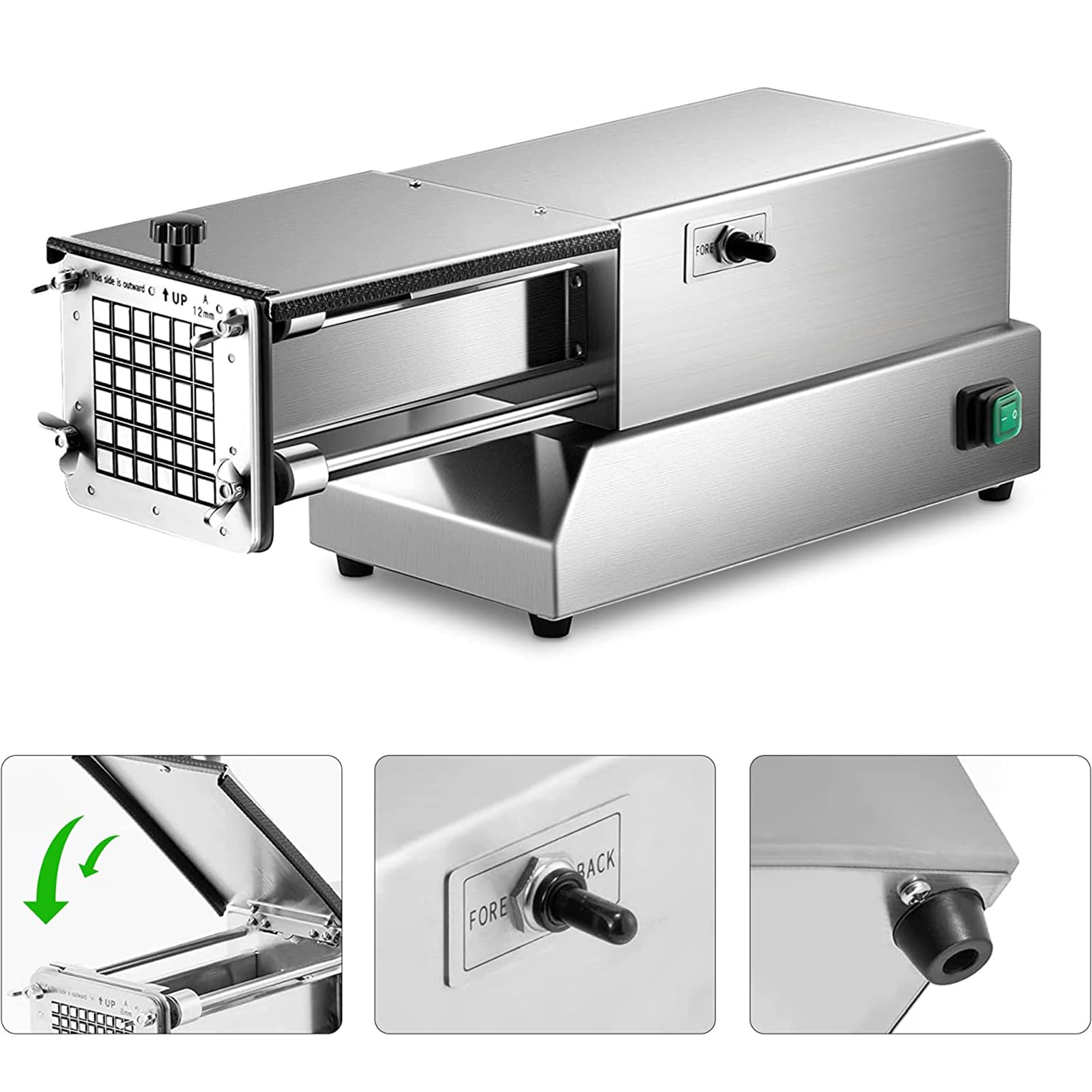 Cortador de Patatas eléctrico de Acero Inoxidable con Cuchillas de 8 mm, 10 mm y 12 mm. Cortador Profesional de Patatas Fritas, Zanahorias y Manzanas. Ideal para Uso doméstico y Comercial.