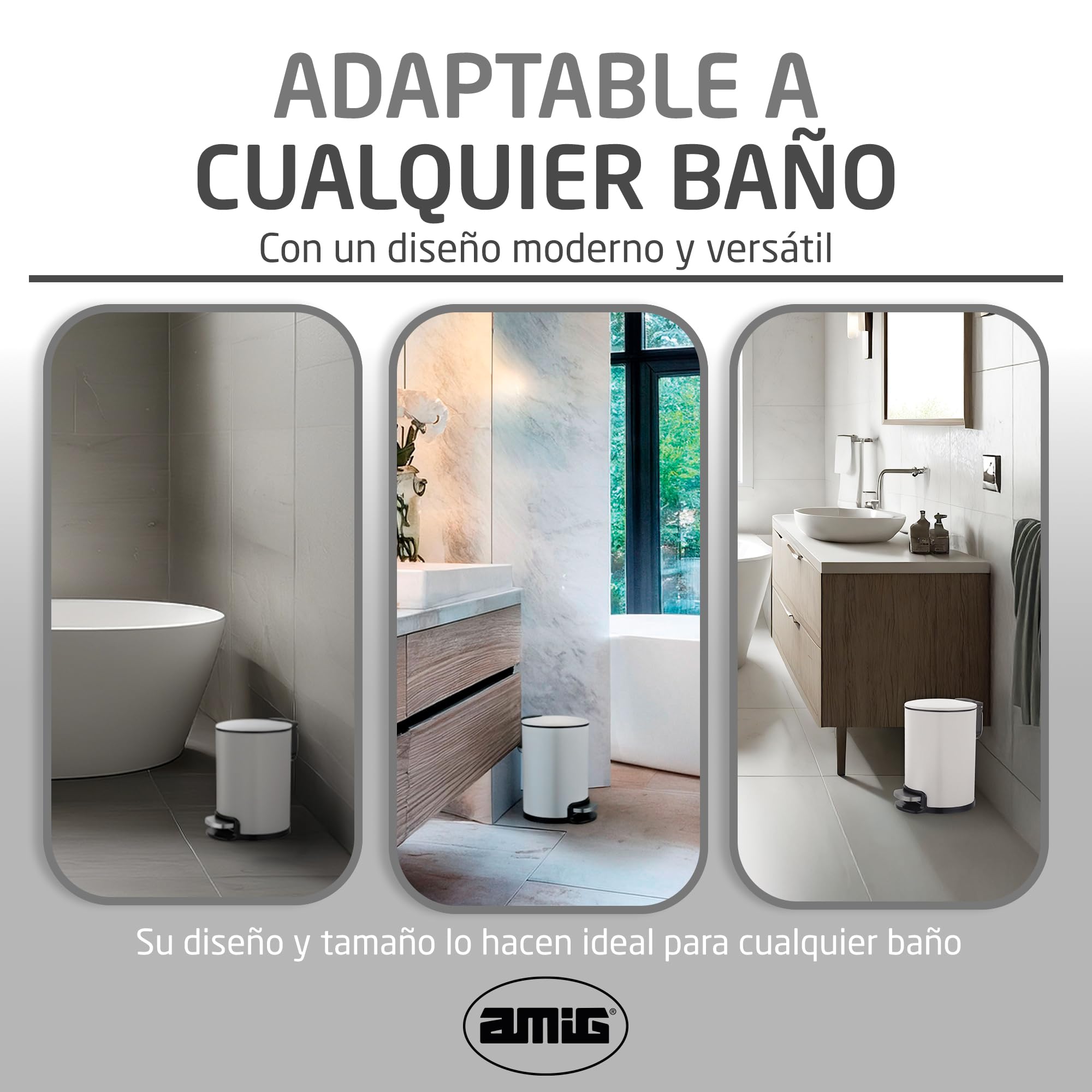 Amig - Cubo de Basura para Baño con Pedal 3 Litros Mod. Tacto - Color Blanco - Apertura Higiénica sin Manos - Ø16,8 x 25,5 cm - Acero Inoxidable Lacado - Papelera Redonda con Cubo Interior Removible