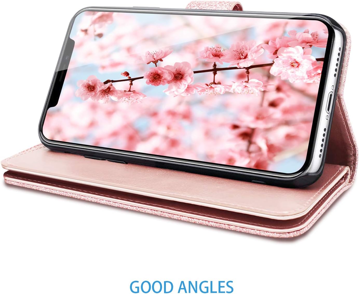 Fingic Wallet Case for iPhone Xs Max,Case for iPhone Xs Max,Glitter Flip PU Leather Credit Card Holder Cash Pockets Wristlet Protective Phone Case for Apple iPhone Xs Max 2018 6.5",Rose Gold