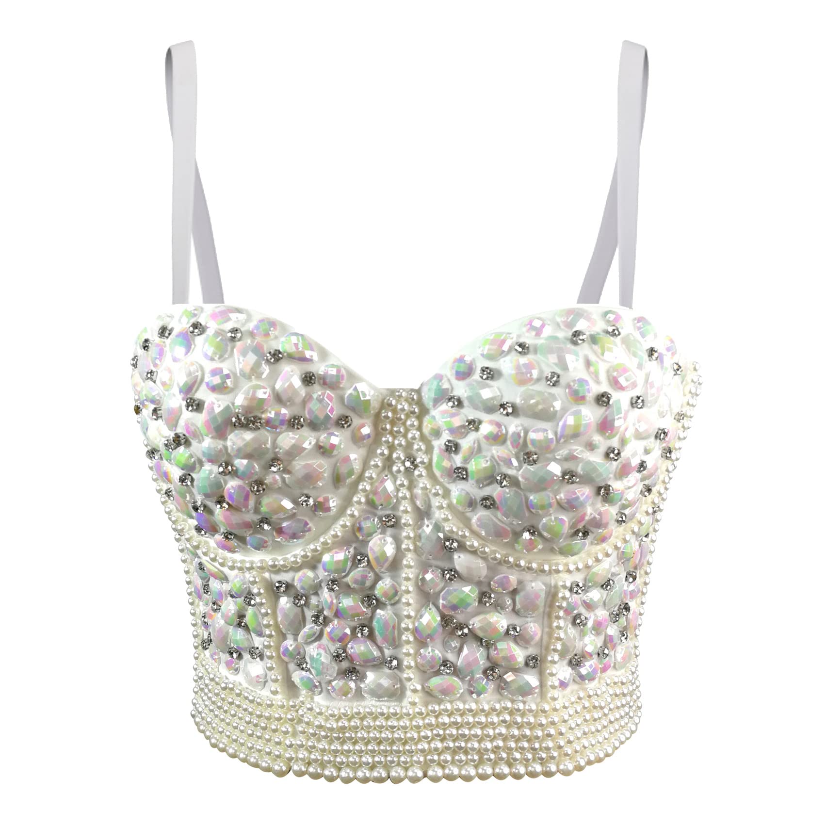 Women's Rhinestone Bead Bustier Crop Top Club Party Glitter Corset Top Bra Vest-image-34