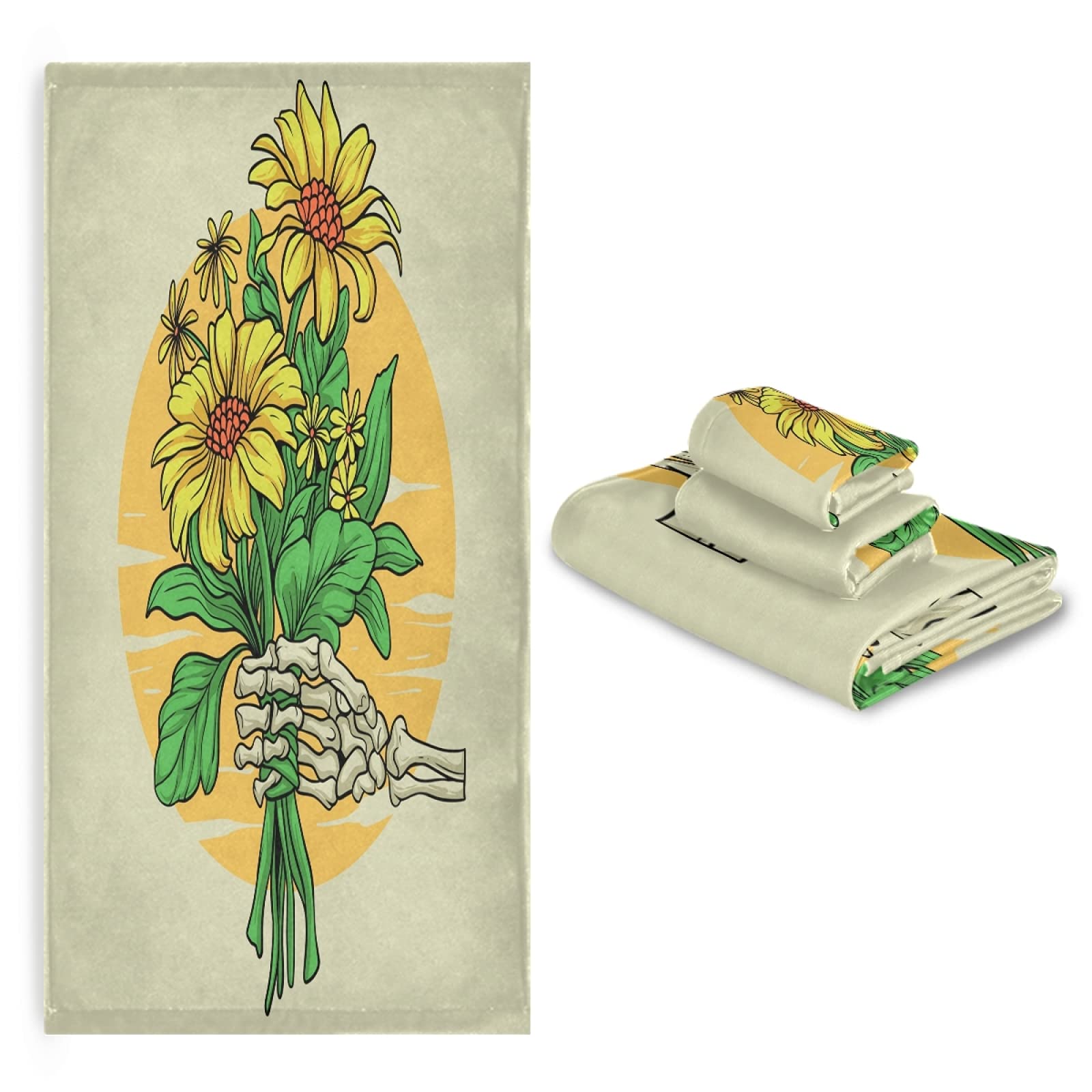 Vnurnrn Mano De Calavera Girasol Juego de Toallas para Baño Playa Toalla (1 Toalla de Baño y 1 Toalla de Mano y 1 Paño de Lavado) para Nadar Niñas Niños