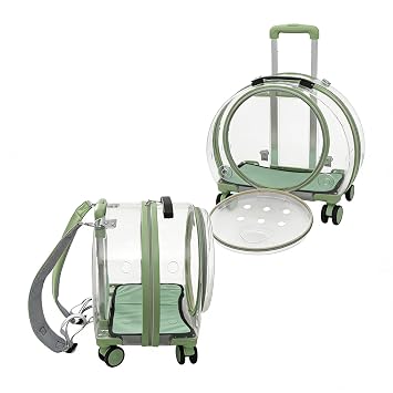 Pet Carrier with Wheels, Transparent Hard Breathable Pet Carrier with Ventilation Holes Telescopic Handle Multiple Carrying Strollers for Cats Dogs Green