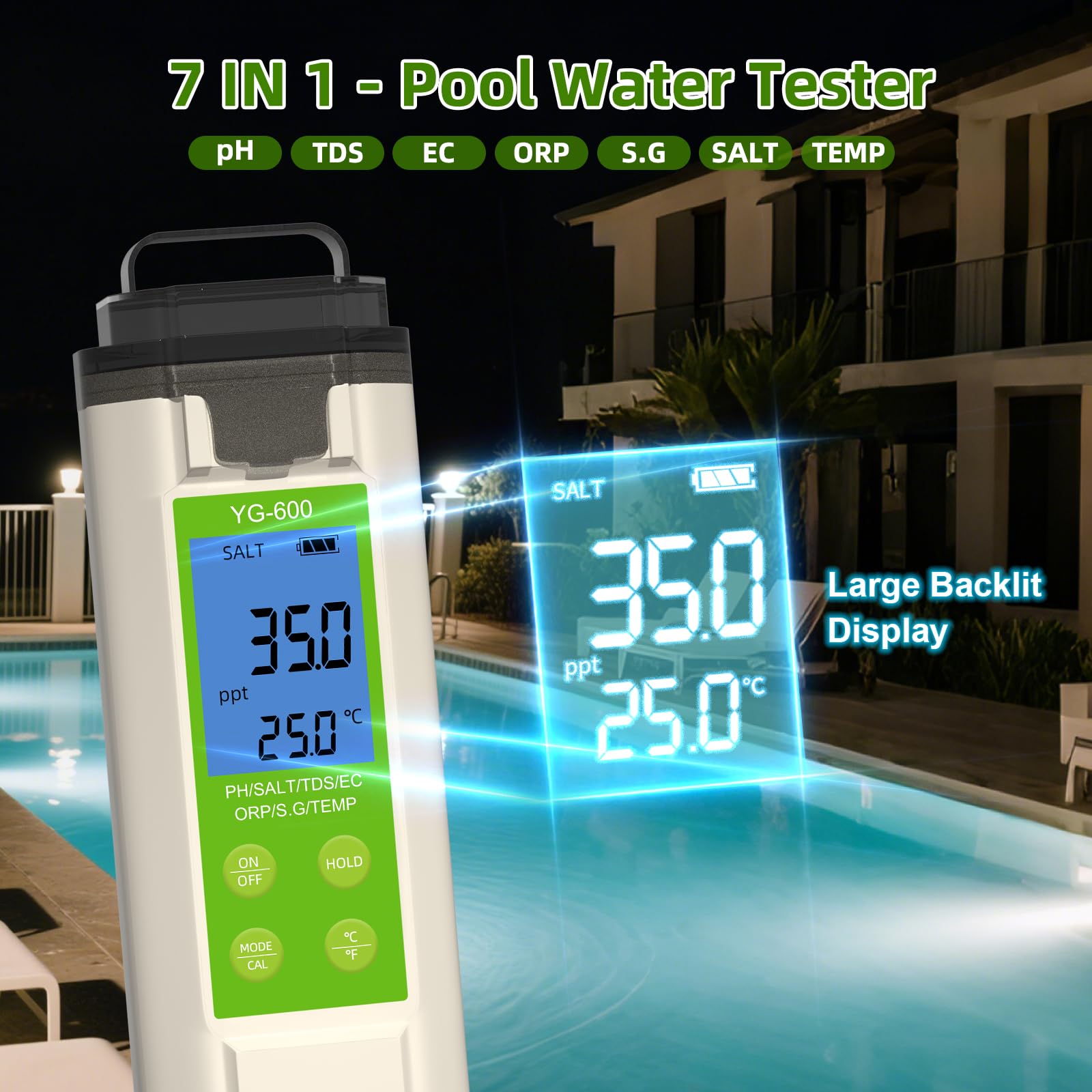 PH Messgerät Wasser， 7in1 Wassertester - pH, TDS, ORP, Salz, Temp - Ph Wert Messgerät Mit Atc，Salzgehalt pH Pool Messgerät für Pool, Aquarium，Hydroponik，Trinkwasser, Hotel, Badewanne & Küche
