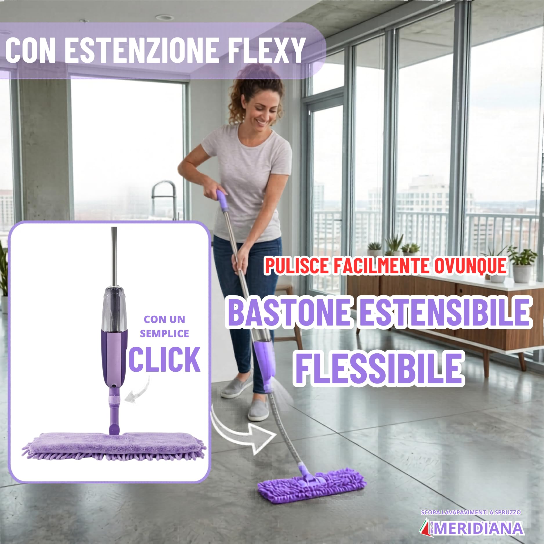 Meridiana Scopa Lavapavimenti a Spruzzo, Spray Mop Flexy mocio lavapavimenti, Piastra Ribaltabile 2 in 1, 2 Flaconi Ricaricabili e 2 Panni in Microfibra per lavare e 1 Panno cattura polvere duplefax