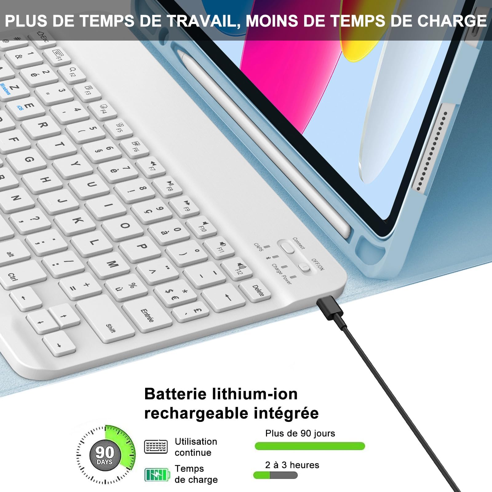 IVEOPPE Coque Clavier pour iPad A16 11/10ème Generation (11 Pouces 2025/10.9 Pouces 2022), Étui Keyboard AZERTY Layout sans Fil Bluetooth avec Porte Crayon, Bleu Azur