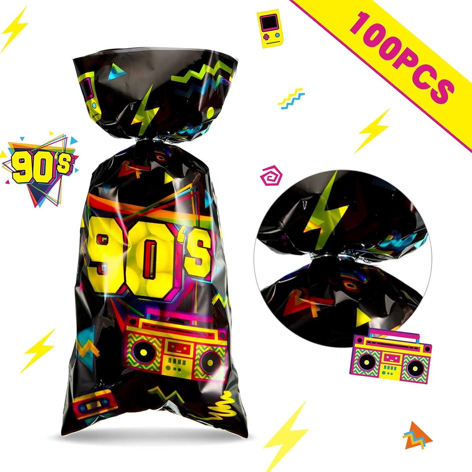 Zonon 100 Pieces 90s Party Treat Bags Candy Bags Neon Retro Birthday Cellophane Plastic Goodie Bags with 100 Silver Twist Ties for Theme Party Supplies - Image 3