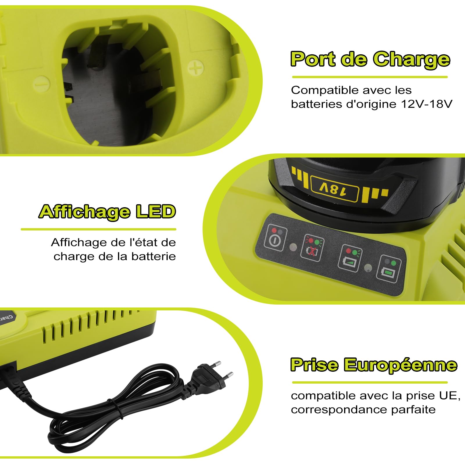 ENERGUP P117 Chargeur pour Ryobi Batterie 18V One+ P108 P107 P104 P105 P102 P103 P117 P118 pour Ryobi Chargeur Batterie Li-ION/Ni-Mh/Ni-CD