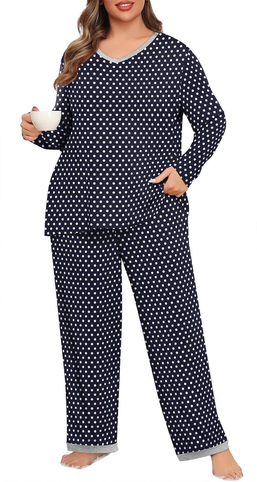 POSESHE - Conjunto de pijama de talla grande para mujer, suave, pantalones largos, ropa de dormir de verano, ropa de dormir, Lunar azul marino, Large Plus