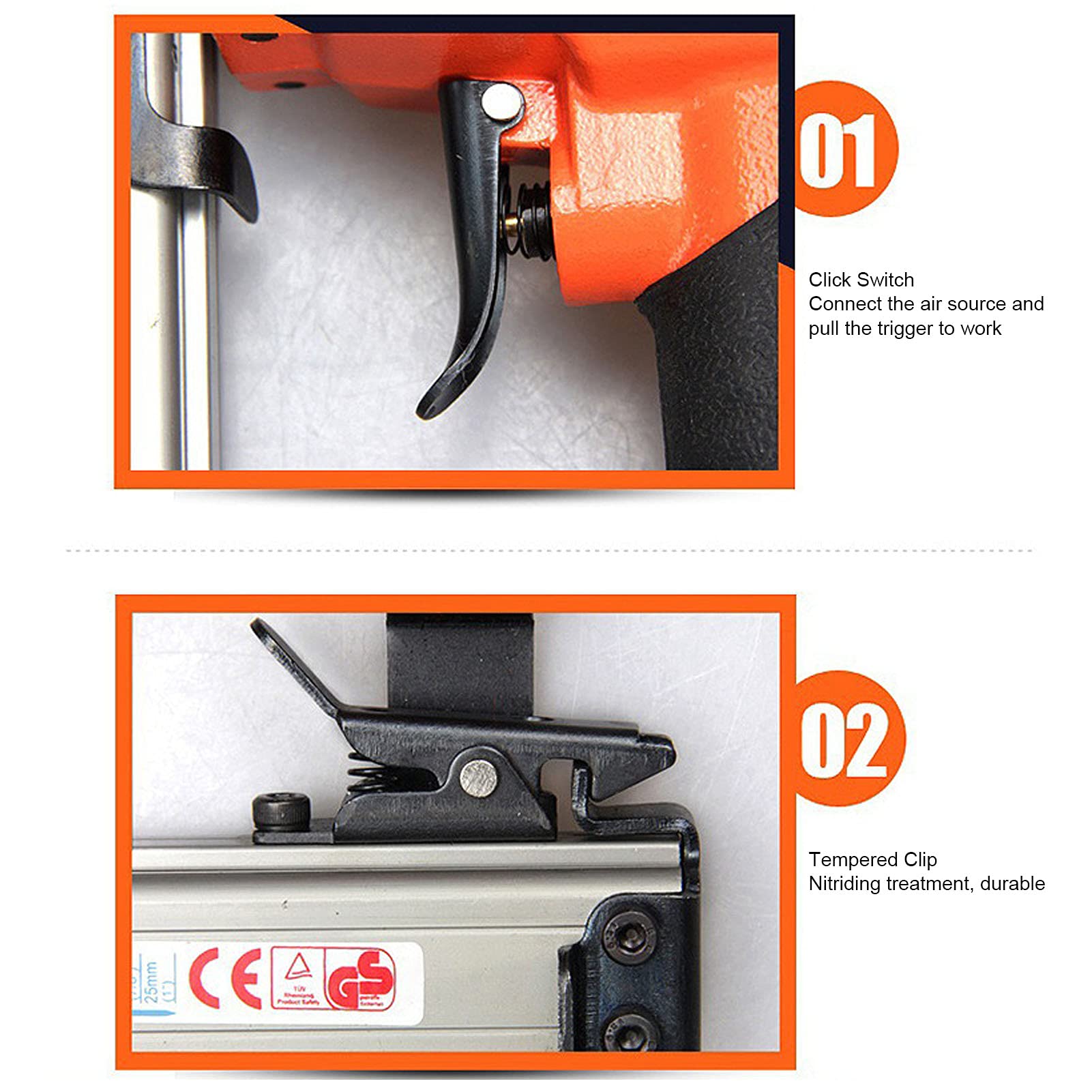 Pistola sparachiodi pneumatica, 4‑7Kg/cm² Chiodatrice pneumatica in acciaio legato Interruttore a clic semplice con 2 chiavi per la lavorazione del legno