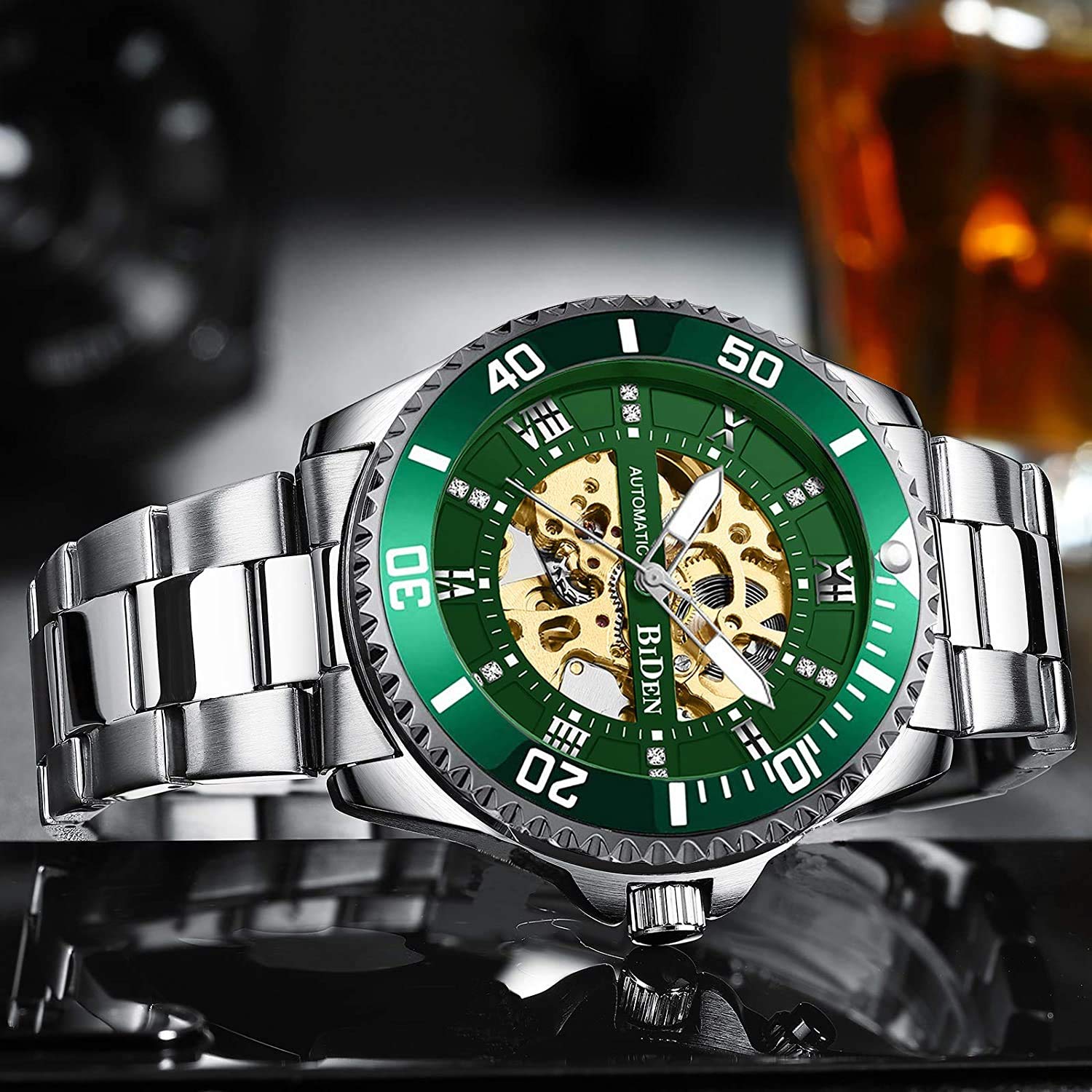 MASTOP Relojes mecánicos automáticos para hombre, de acero inoxidable, con esfera de diamante, de lujo, clásicos, de negocios, para hombre de negocios