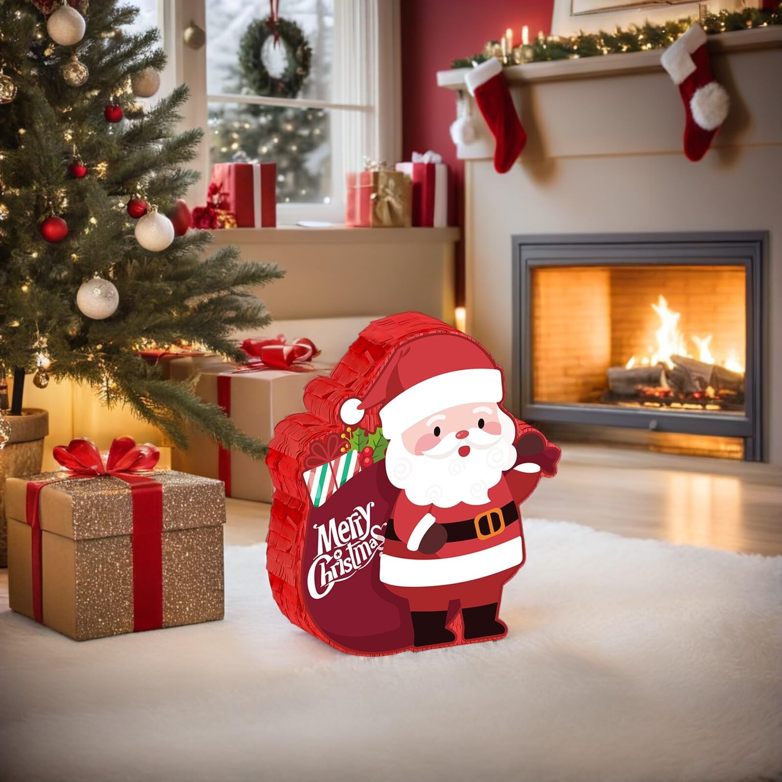 Weihnachtspiñata mit Weihnachtsmann-motiv Groß Hängend Befüllbar Inklusive Stiel und Augenbinde für Familienfeiern und Weihnachtsfeste