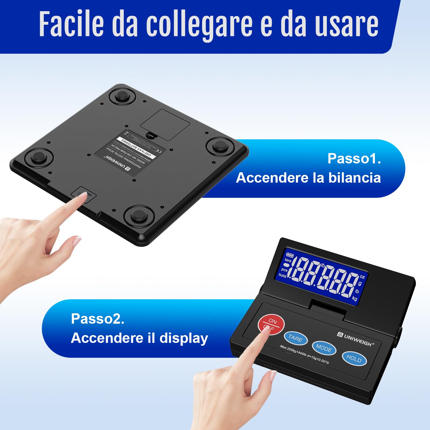 UNIWEIGH Bilancia postale digitale da 440 lb, precisione da 10 g, per pacchetti con LCD retroilluminato, piattaforma in acciaio legato, funzionamento USB-A/batteria, Tara/Hold/Auto-Off, bilancia per