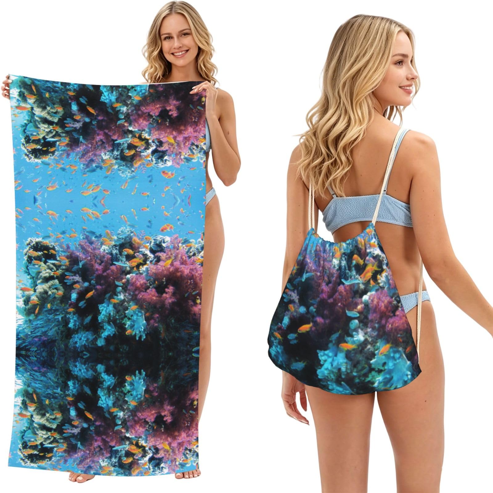 SATUSA Undersea World Print 2-In-1 Foldable Beach Towel Backpack â€“ Camping, Yoga And Travel,Bath Towel With Built-In Storage, Convertible Beach Mat & Carry Bag
