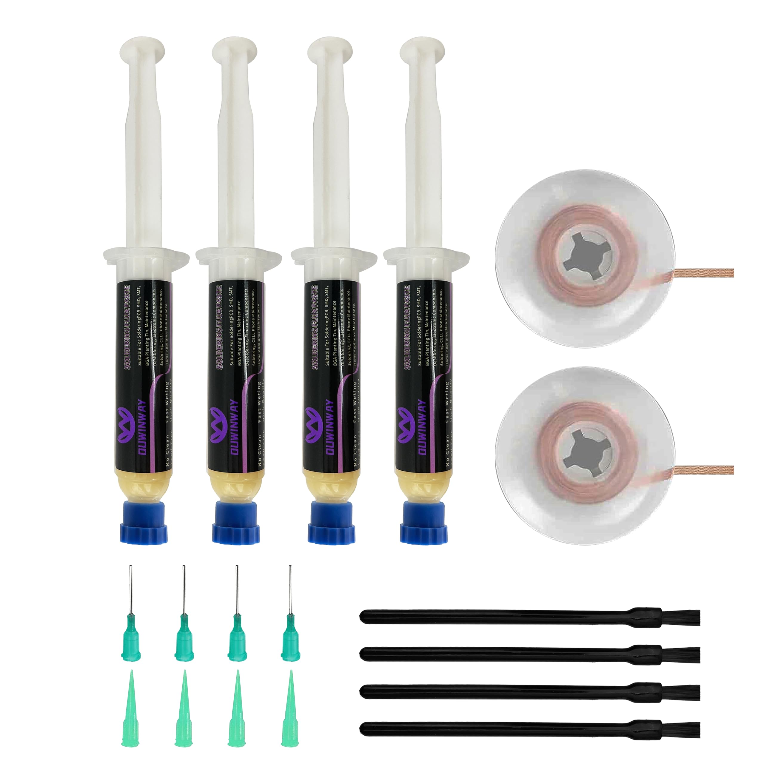 4-pack no clean soldering flux paste,solder flux with 2 solder wick braid for Electrical Soldering,For Copper Pipe Brazing, Tin soldering,10cc/bottle