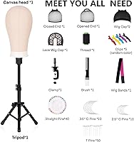 Vista 2 de Cabeza de maniquí de lona de 22 pulgadas con soporte de trípode de 63 pulgadas, juego de cabeza de lona para pelucas, exhibición