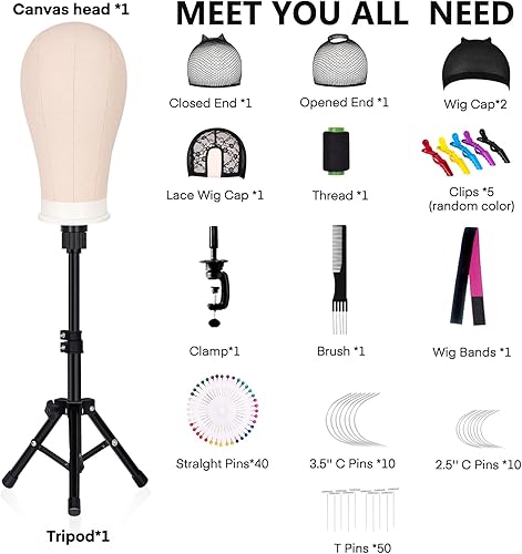 Miniatura 2 de Cabeza de maniquí de lona de 22 pulgadas con soporte de trípode de 63 pulgadas, juego de cabeza de lona para pelucas, exhibición, estilo con