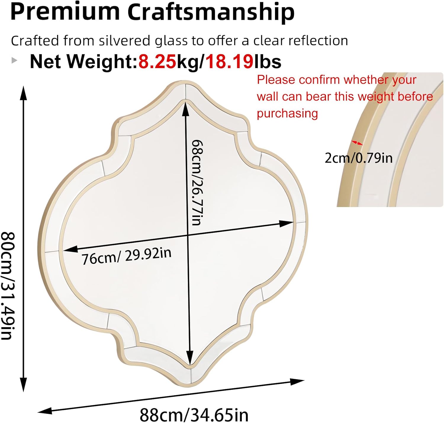 Scallop Wall Mirror Silver Beveled Edge Modern Art Gold Frame 32x34.6 inch