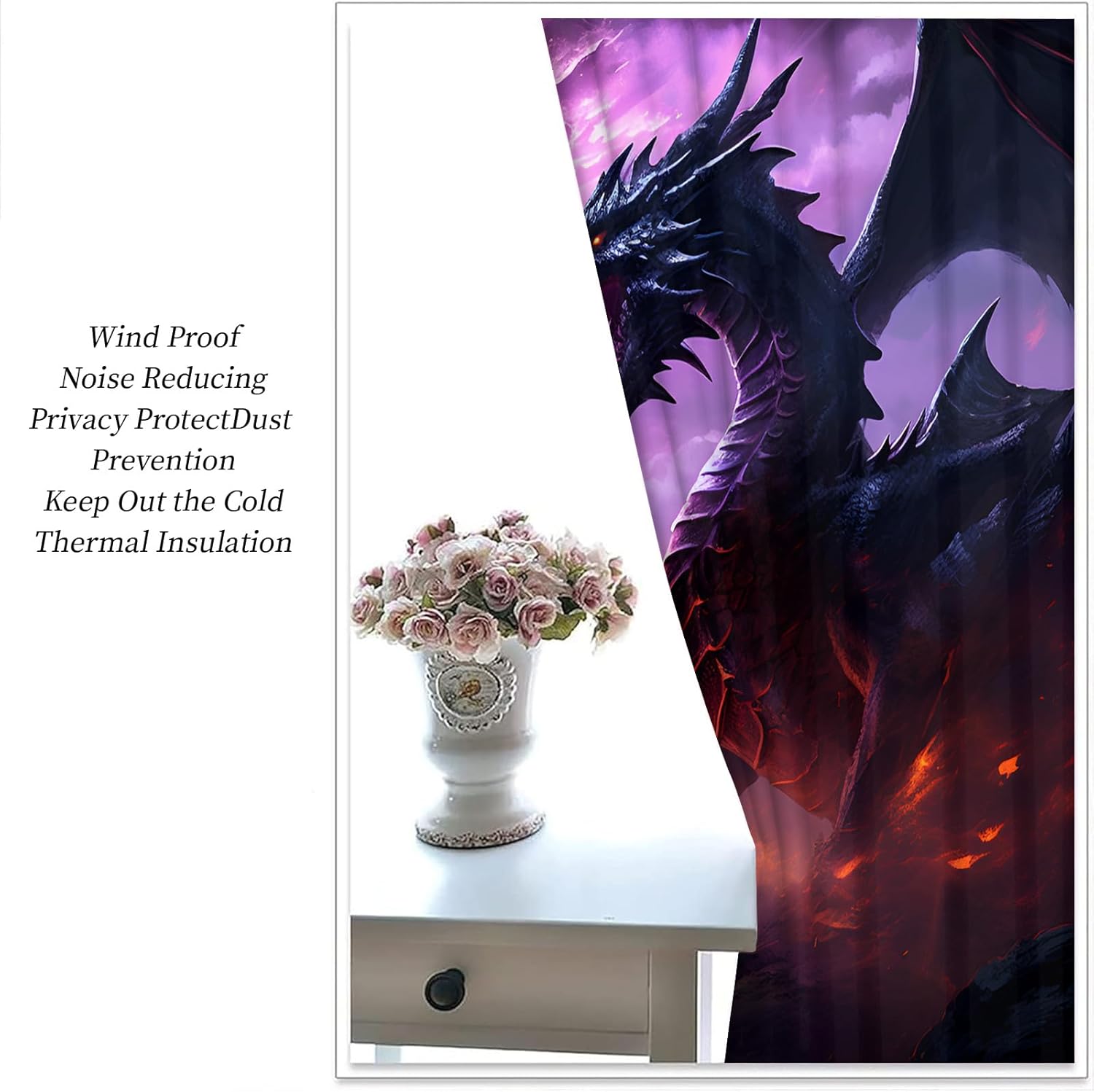 Purple Dragon Blackout Curtains for Bedroom Living Room, Dragon Decor Curtains & Home Decor, Animal Pattern Window Treatments, Thermal Grommet Kids Adults Men Drapes, 63" Curtains 2 Panel Set