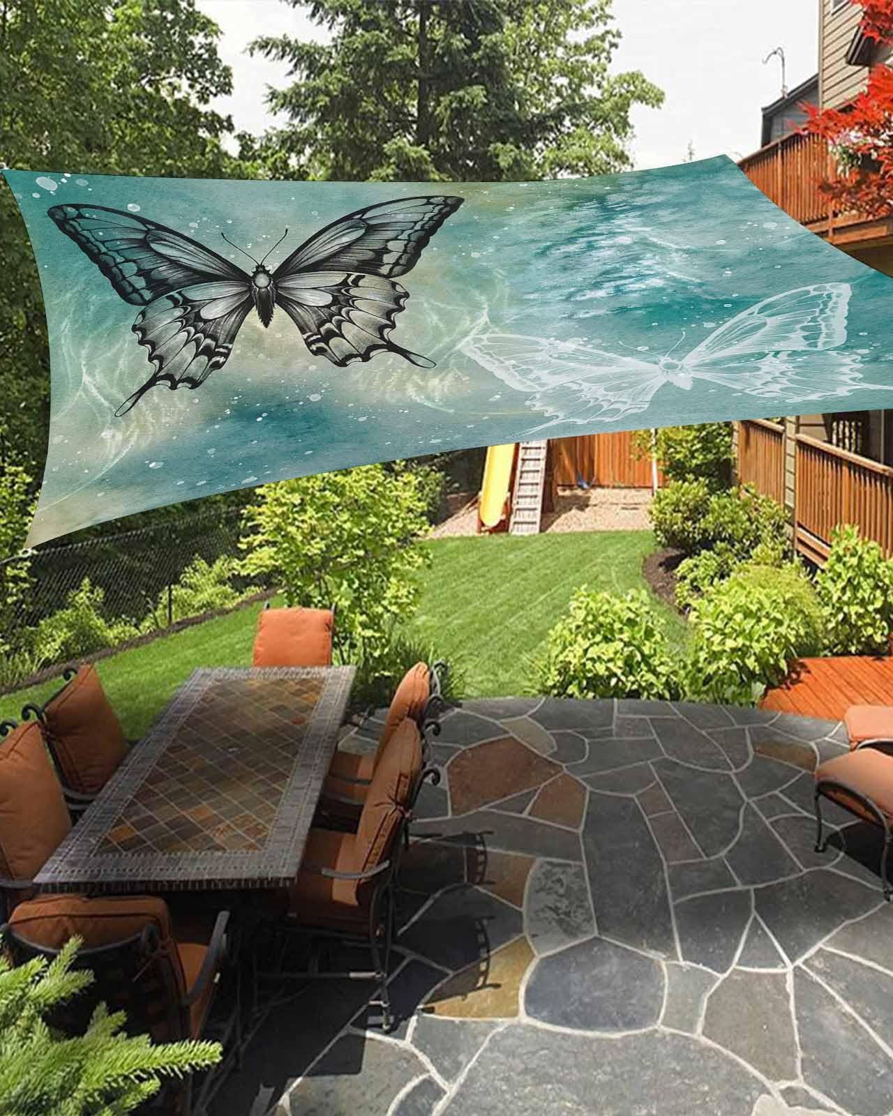 Boanket Sun Shade Sail 14' x 18', Black and White Butterfly Large Heavy Duty Outdoor Shades Sun Screen, Teal Ombre Art Shade Cloth for Patio Deck Terrace Garden Lawns Beach Backyard