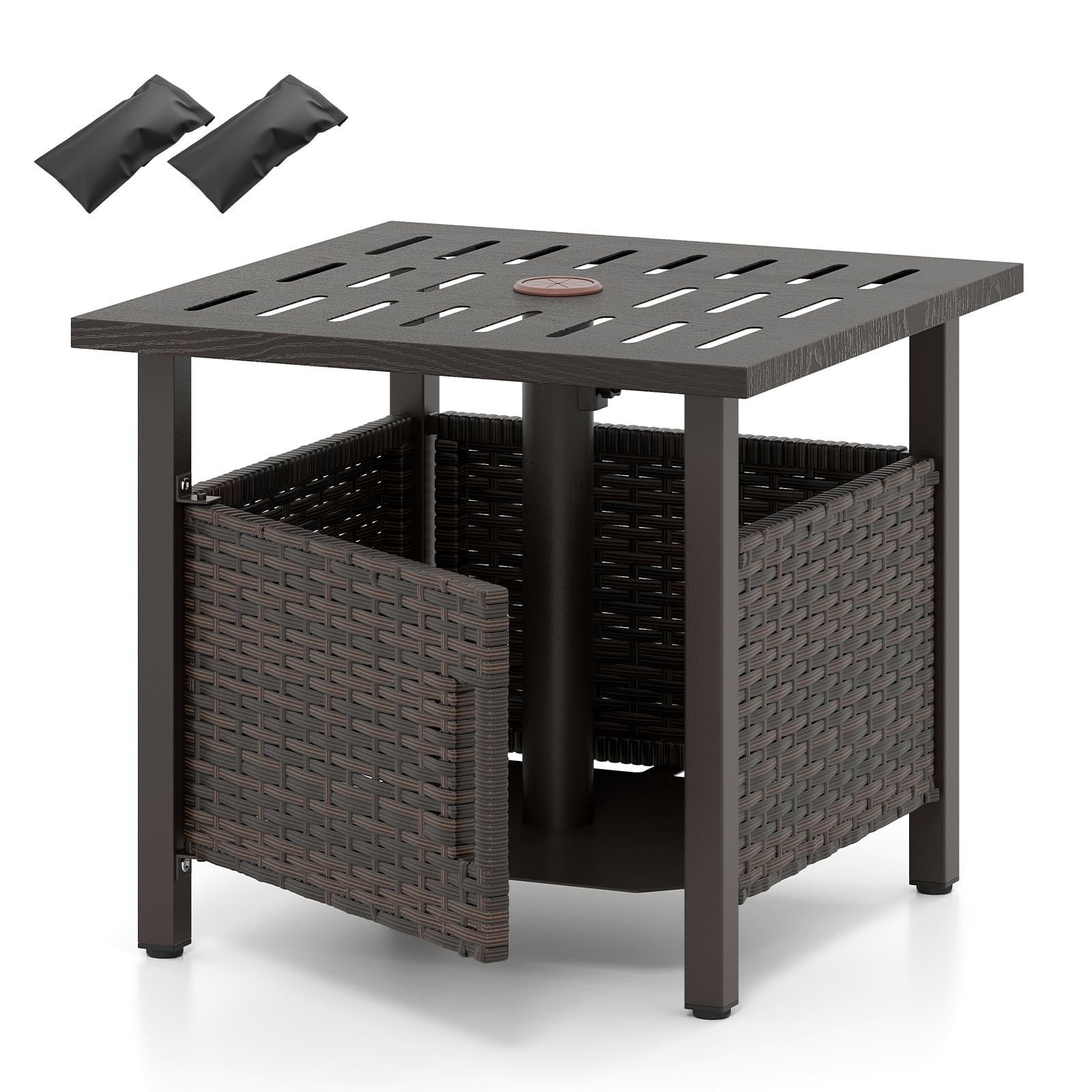 LIFEZEAL Tavolo da giardino in polyrattan con foro per ombrellone, per esterni, resistente alle intemperie, con 2 sacchi di sabbia, tavolo quadrato da balcone per giardino, cortile, terrazza, 55,5 x