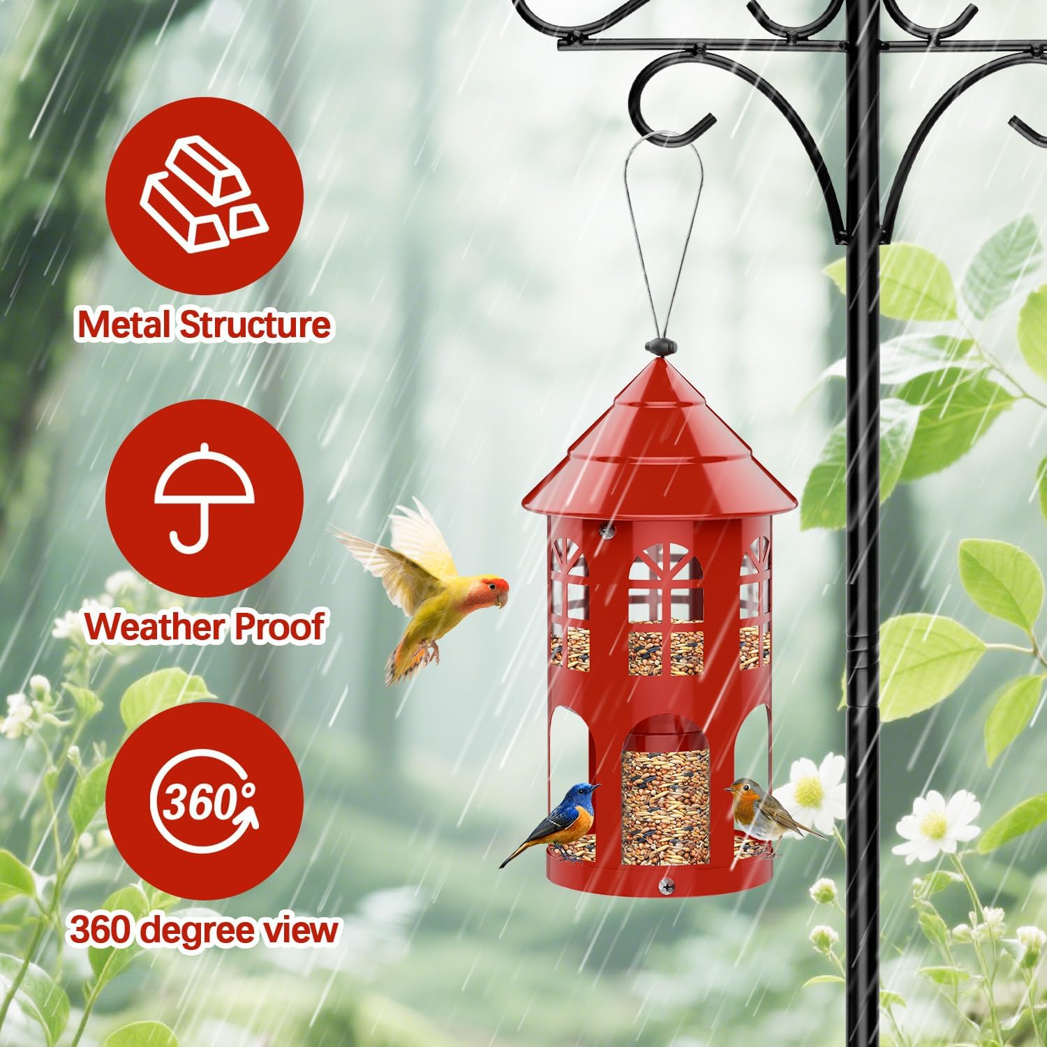 Metal Bird Feeder for Outdoor Hanging, Large Capacity Wild Bird Feeder with Weatherproof Roof & Squirrel-Proof Design, Easy to Fill & Clean, Ideal for Cardinals, Finches, and Blue Jays