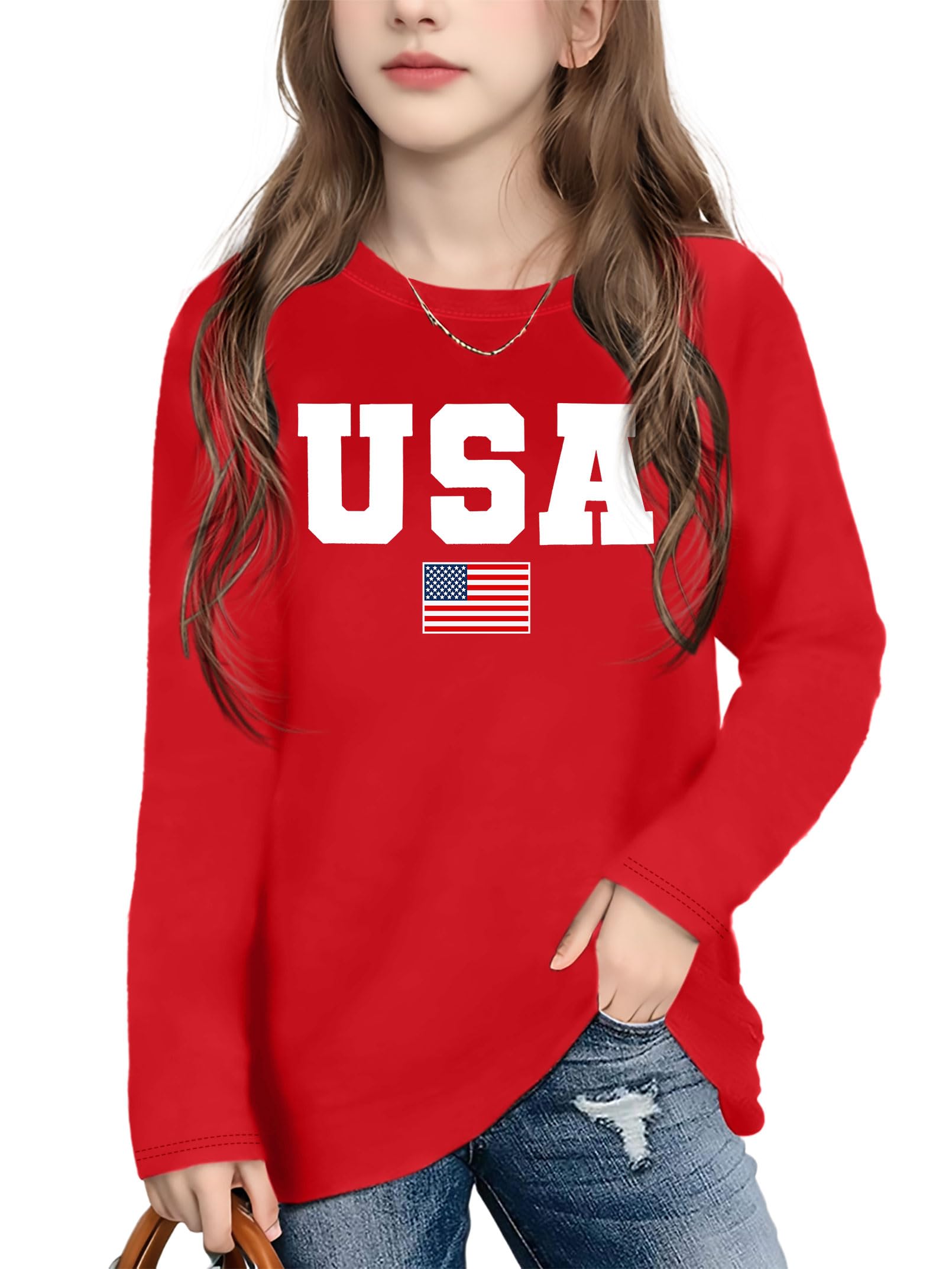 Ithalt 4th of July Outfit Kids Girls American T Shirt USA T-Shirt Fourth of July Tops Patriotic Long Sleeve Tops